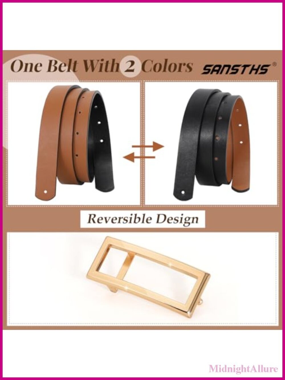 Reversible Skinny Faux Leather Belt with Gold Buckle for Women Dresses Jeans - Picture 2 of 6